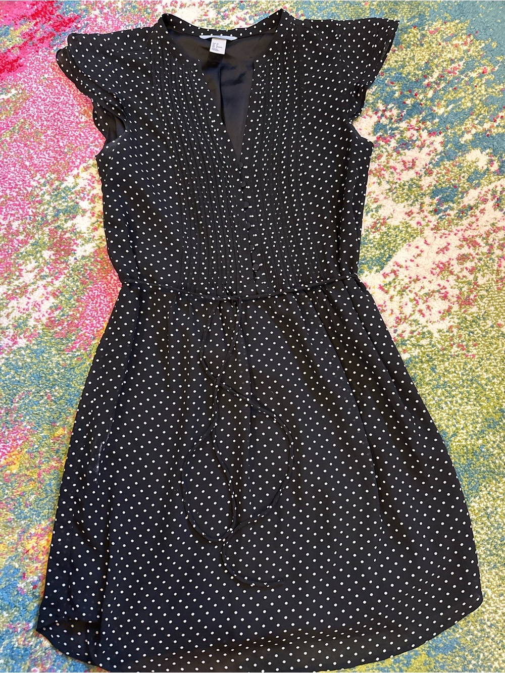 H&M Black Polka Dot Midi Dress with Cap Sleeves
